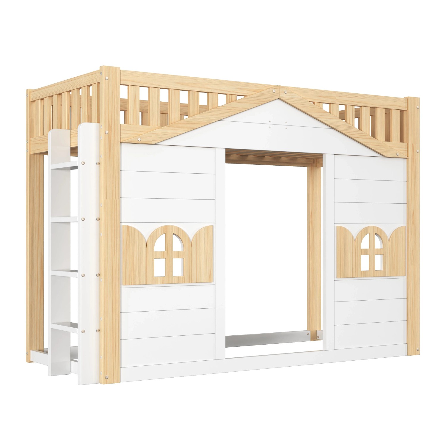 Merax Hausbett 90 x 200 cm Massivholz Fenster Design Weiß Natur
