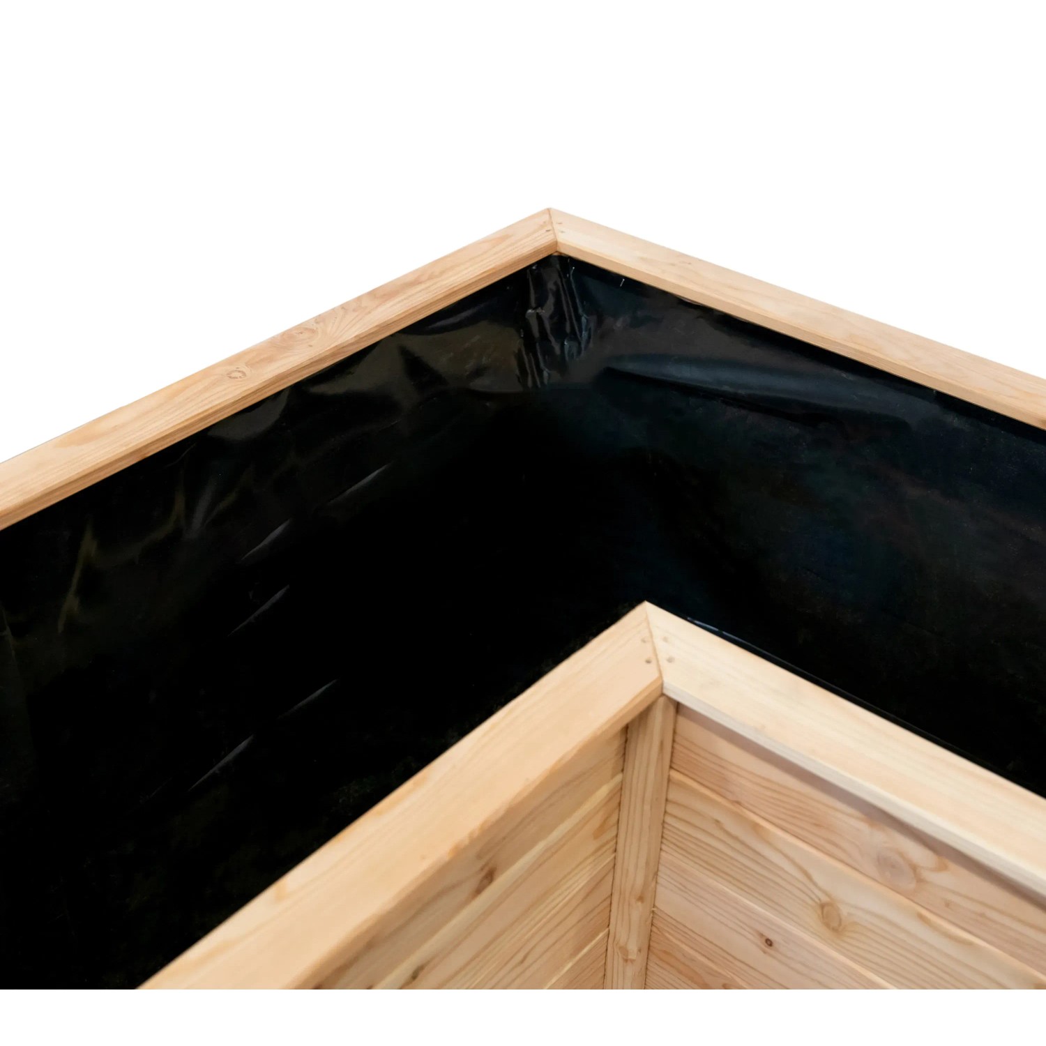 Detailaufnahme des Westmann Holz-Eckhochbeets Klassik L, naturbelassen mit schwarzer Innenfolie.