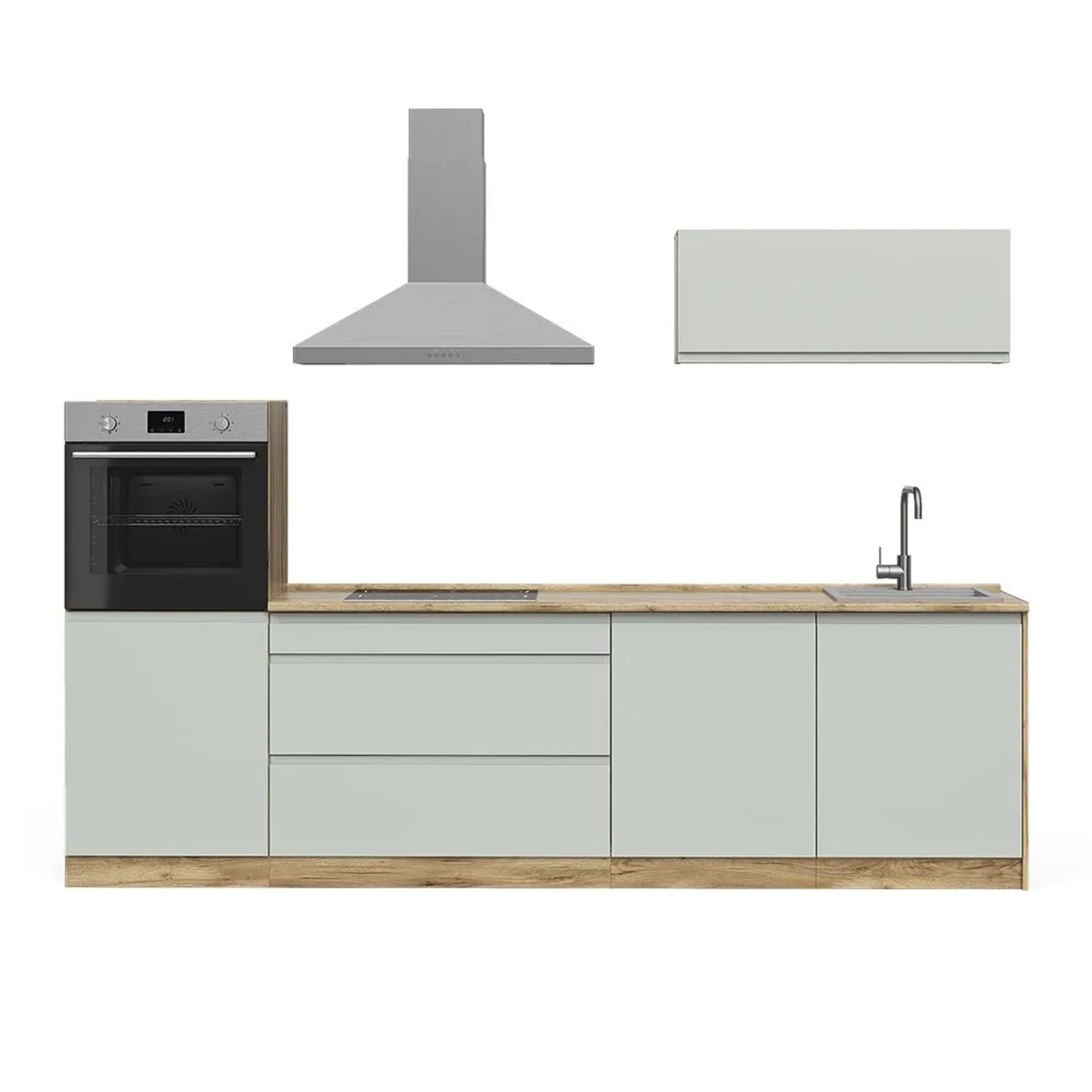 Vicco Küchenzeile R-Line Pastellgrün/Goldkraft Eiche 280 x 143 Arbeitsplatte Weiß Art Nr 70609