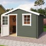 Grau-grünes Lasita Gartenhaus Wels 3 mit geöffneter Tür und Fenster. Holz-Gartenhaus mit Satteldach.