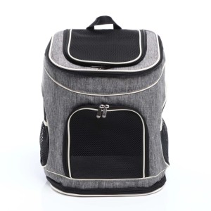 Grauer Fudajo Hunderucksack mit schwarzen Netzfenstern und weißen Akzenten, faltbar. Ideal als Katzenrucksack oder Haustier Tragetasche.