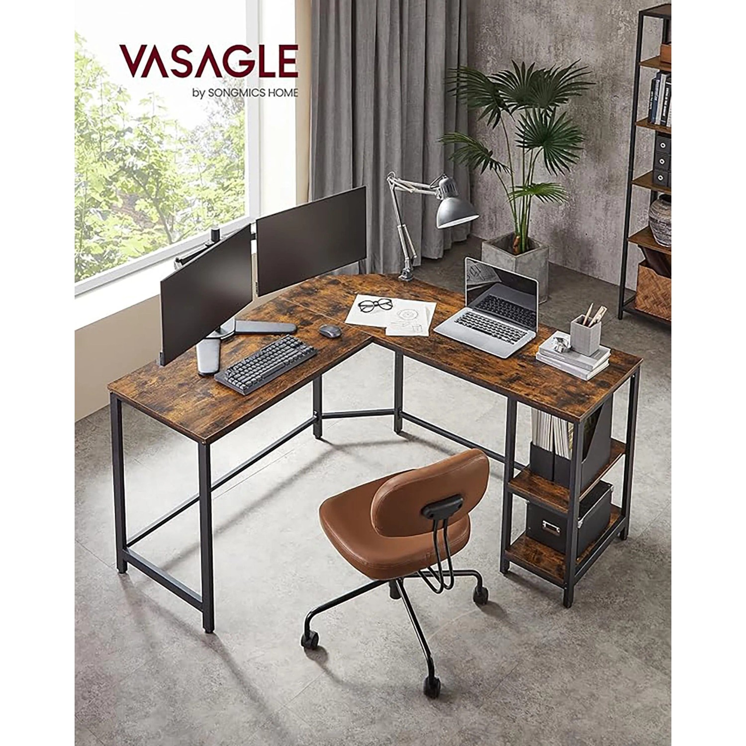 Songmics Eckschreibtisch Brandon mit Ablagen, braun-schwarz, im modernen Arbeitszimmer.