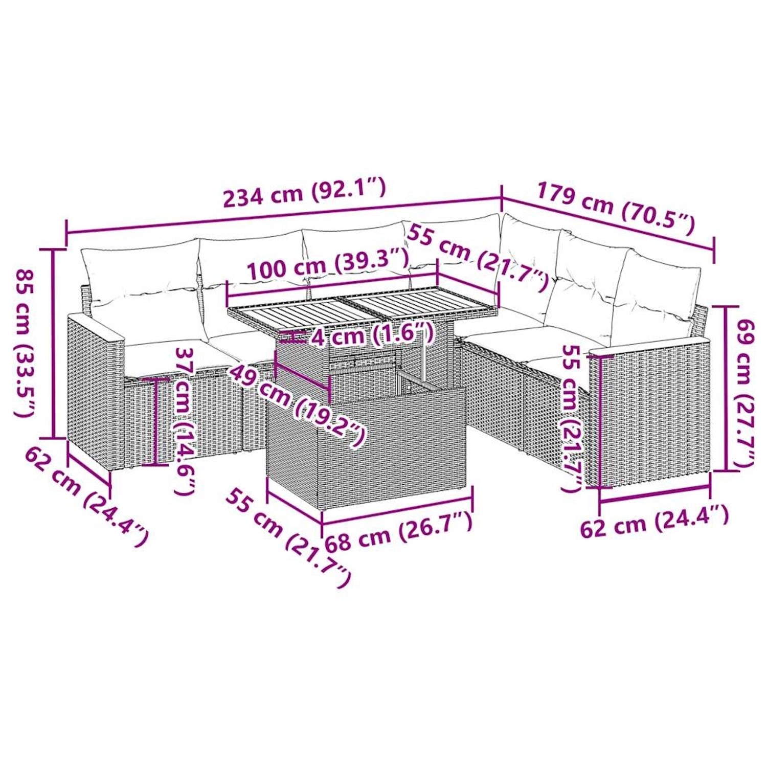 vidaXL 7-tlg. Garten-Sofagarnitur, beige Poly Rattan mit Akazientisch, Maße