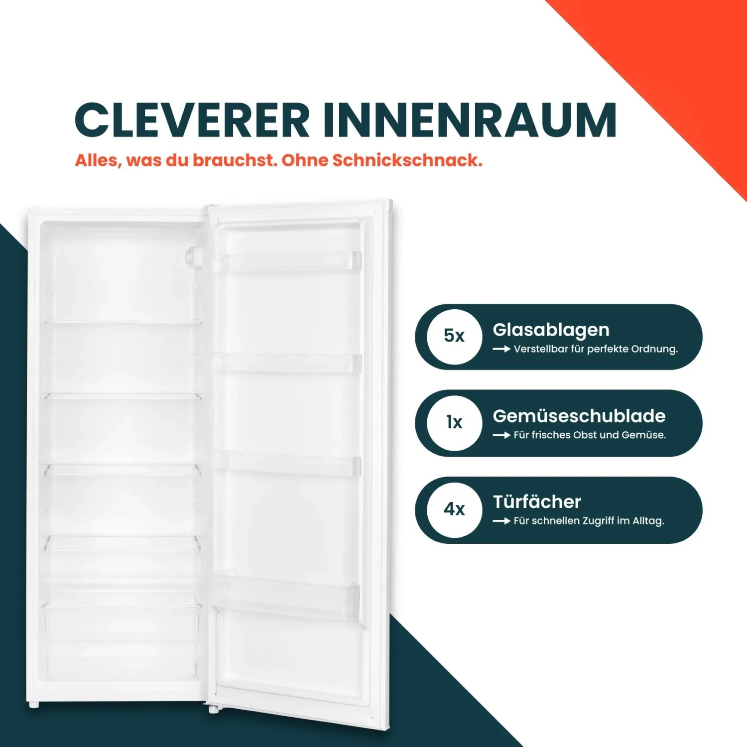 Innenansicht: homeX Kühlschrank ohne Gefrierfach, weiß, mit Glasablagen, Gemüseschublade und Türfächern.