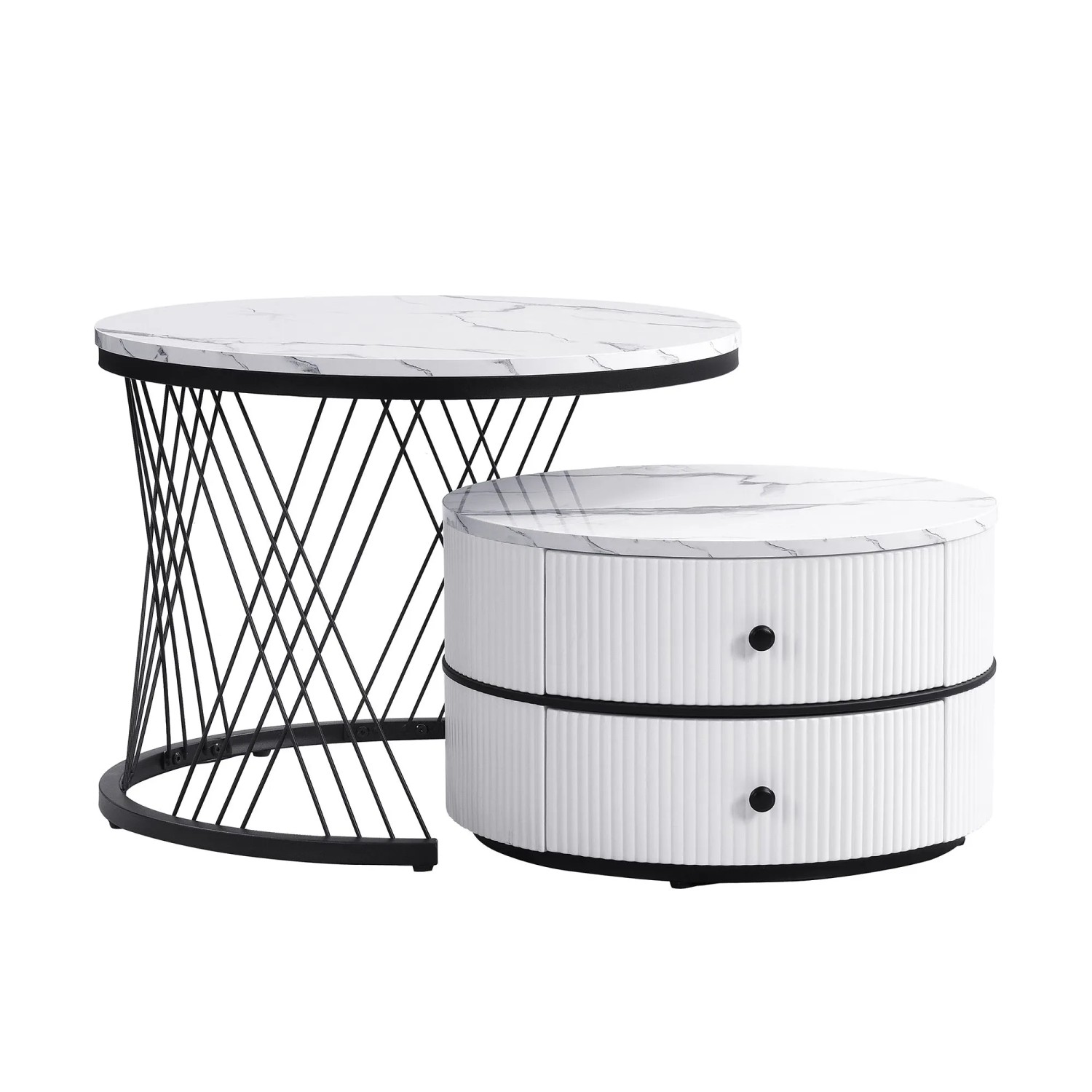 ModernLuxe 2er Set Satztische Hochglanz Marmoroptik mit 2 Schubladen MDF Weiß und Schwarz