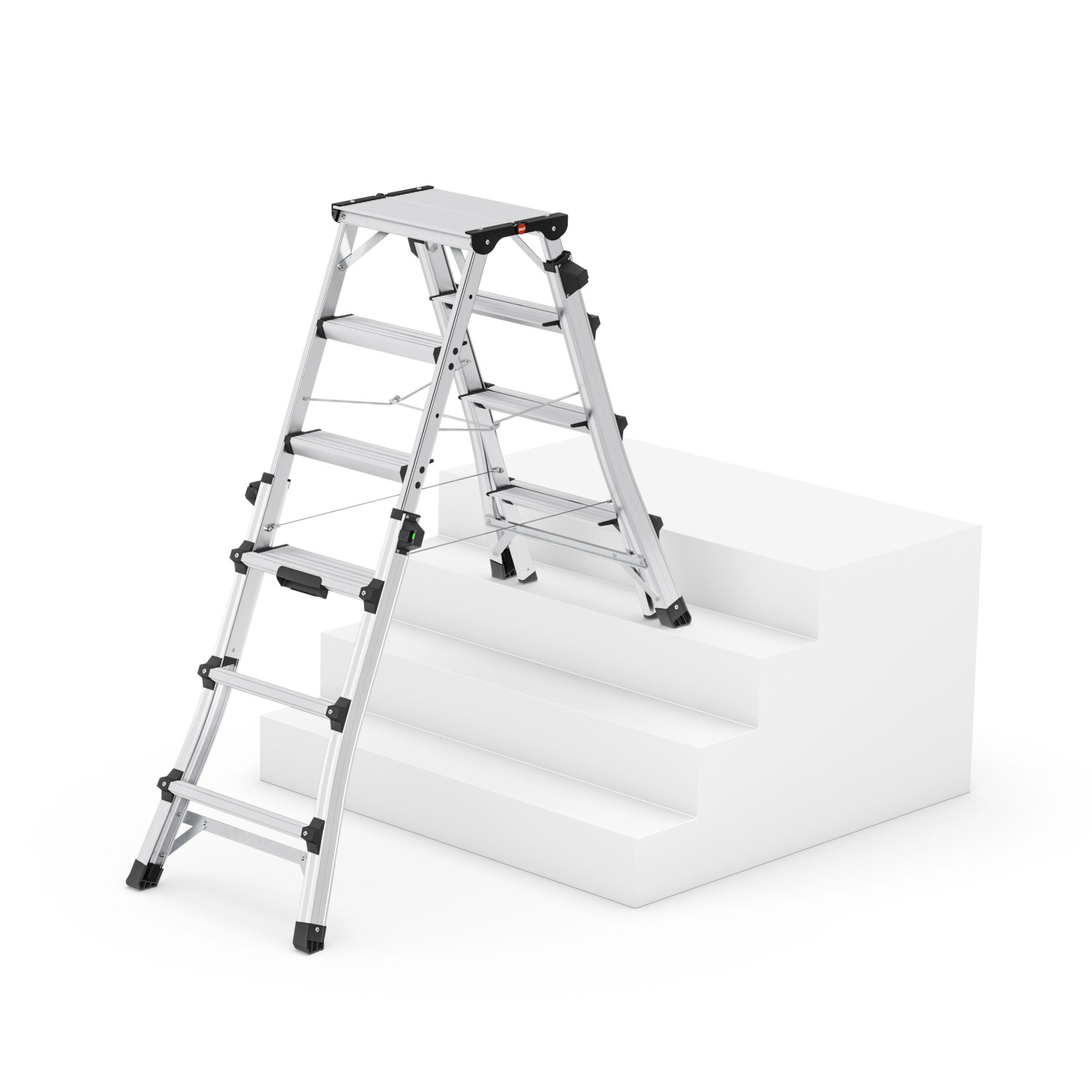 Hailo Teleskop-Doppelstufenleiter D100 TL TopLine aus Aluminium auf Treppe.