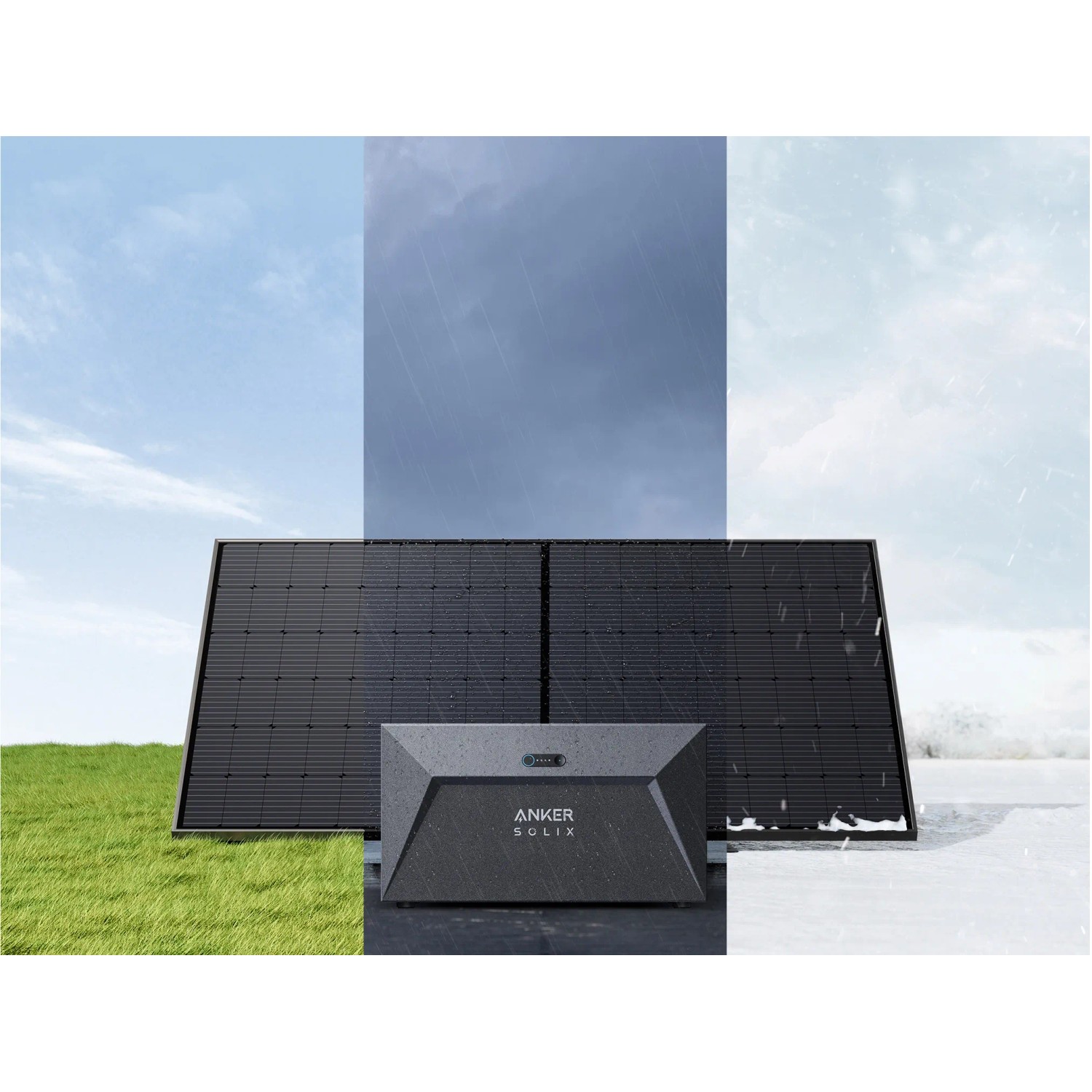 Anker Solix RS40B Balkonkraftwerk mit 2 Solarpanels und Speicher unter verschiedenen Wetterbedingungen.