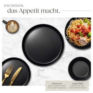 Tectake Kombiservice Una, 24-teilig, für 6 Personen, Urban Style, schwarz. Geschirrset mit Tellern, Schüsseln und Tassen.
