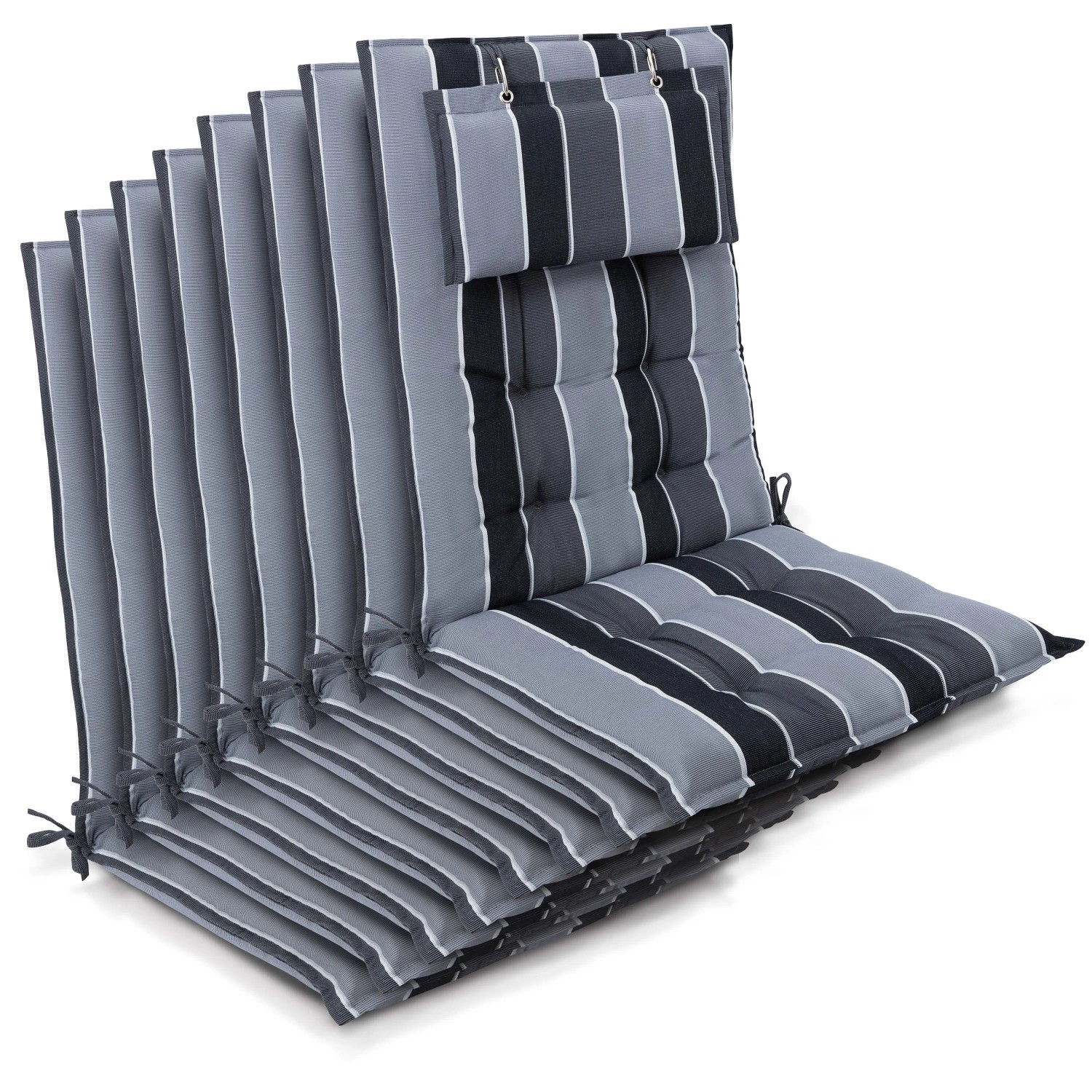 Beautissu 8er Set Sun-HL Hochlehner Auflage 120x50x8cm Anthrazit-Gestreift
