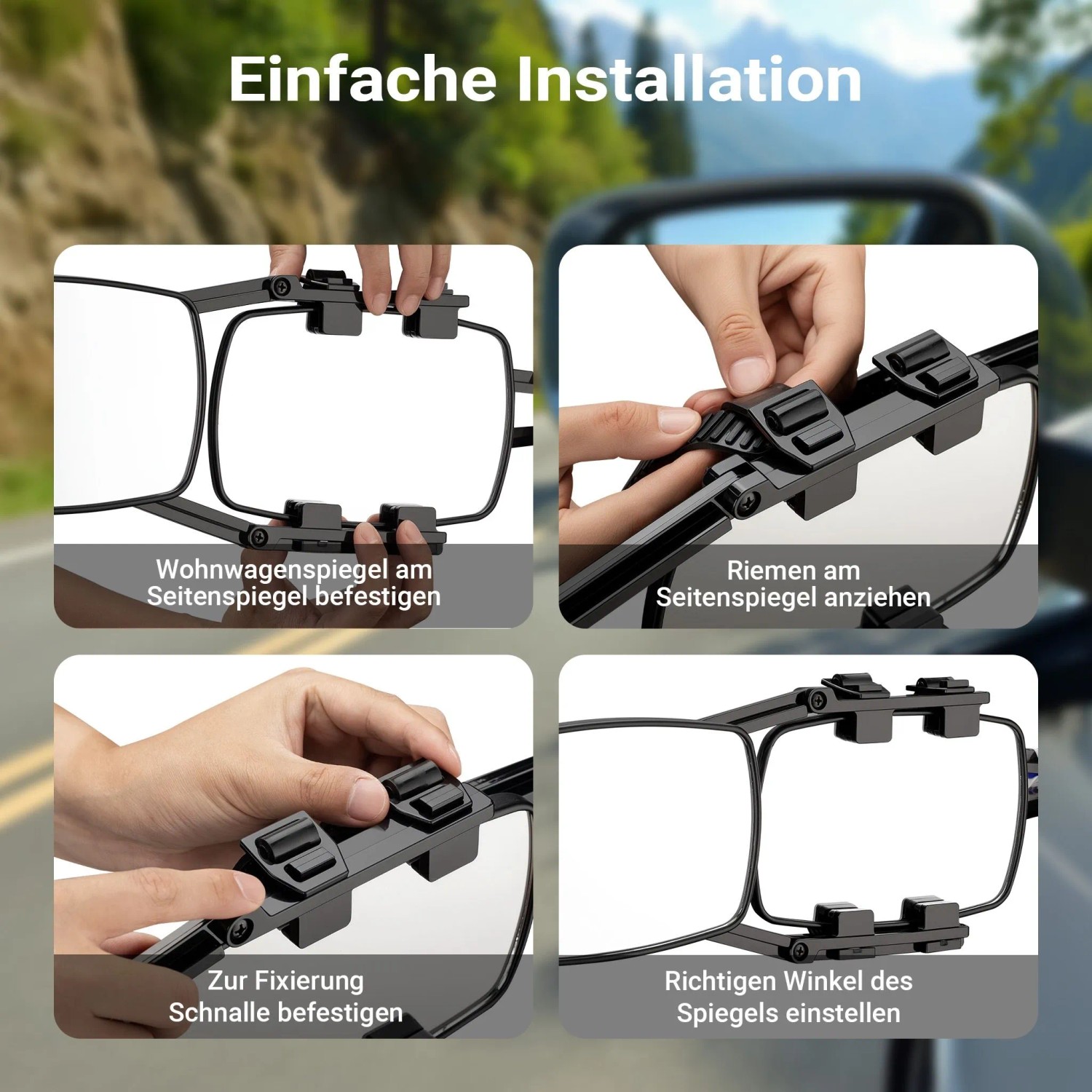Anleitung: Wiltec Wohnwagenspiegel am Seitenspiegel befestigen, Riemen anziehen, Schnalle fixieren, Winkel einstellen. Einfache Montage.