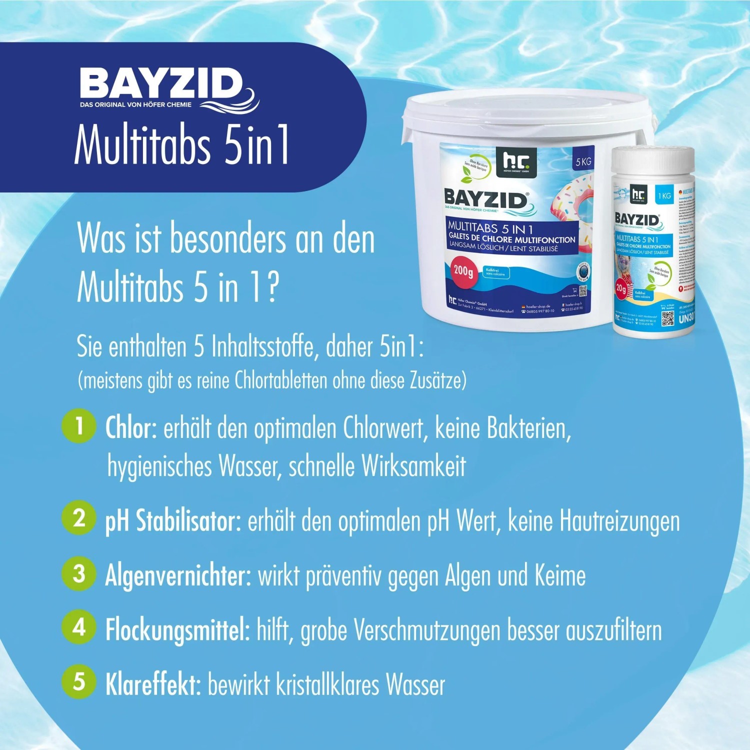Bayzid Multitabs 5in1 für Pools, 200g und 1kg Packung, zur Poolpflege.