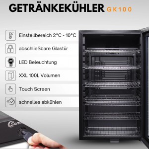 Sommertal Kühlschrank GK 100: Getränkekühlschrank mit Glastür und Edelstahlböden.