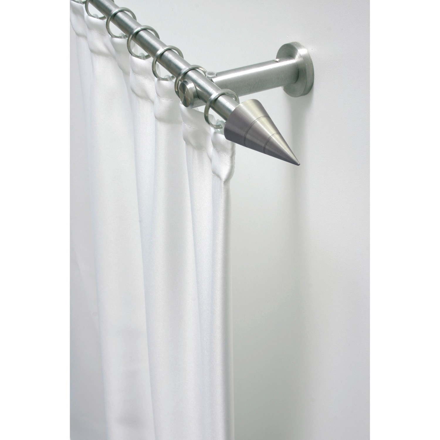 Gardinia Gardinenstangen-Set Kegel, Edelstahloptik, 160 cm mit weißem Vorhang.