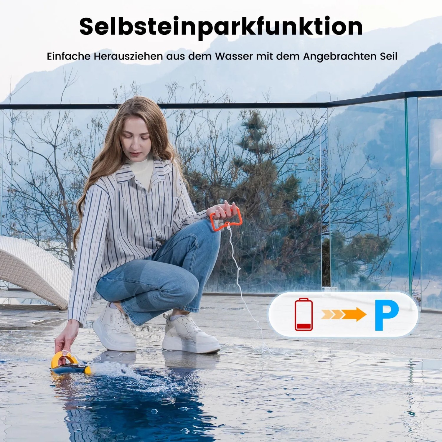 Frau bedient schwarzen EVERCROSS BOT Y10 Poolroboter mit Seil am Pool für die Bodenreinigung.
