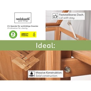 Detailansicht: Needs&wants Hochbeet Covygrow1 mit Frühbeetaufsatz, braunes Tannenholz, massive Bauweise.