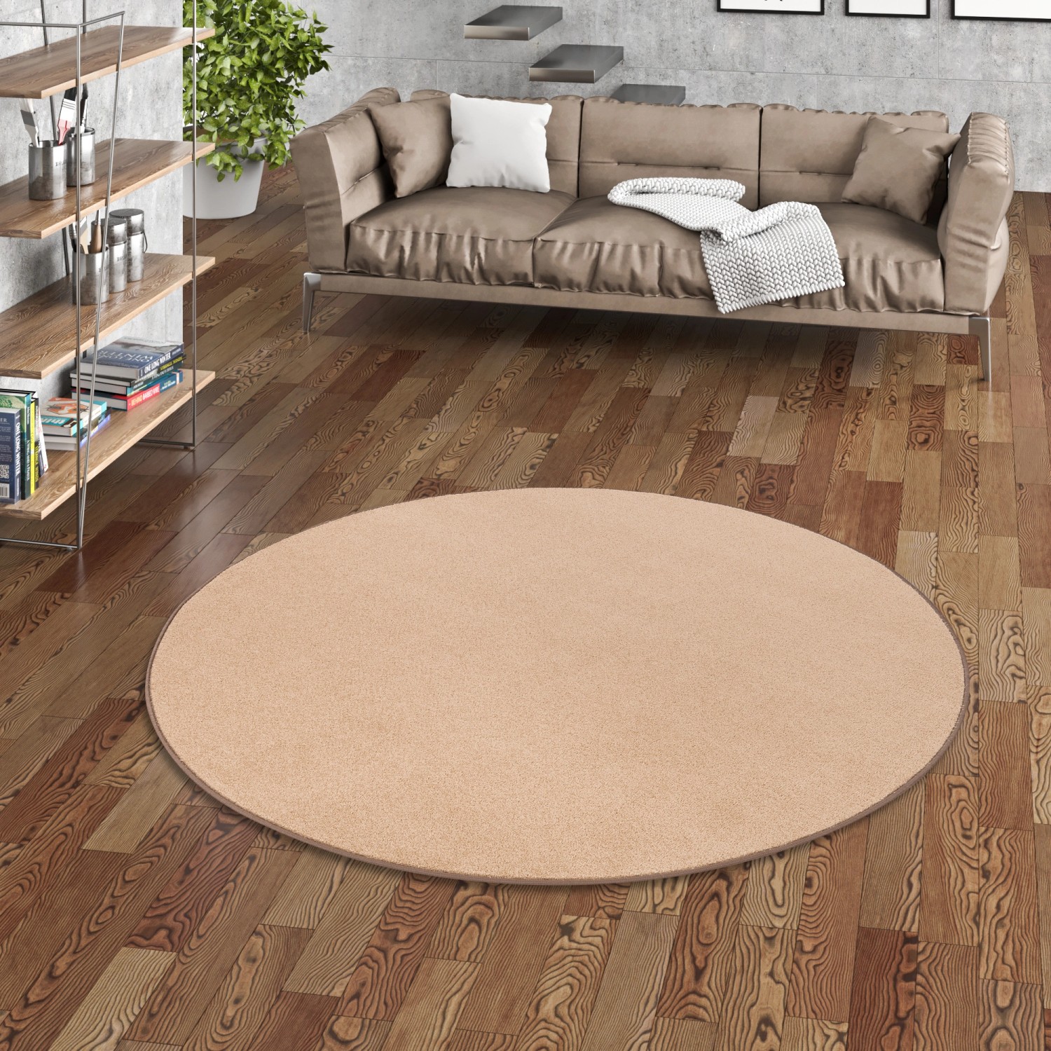 Runder, karamellfarbener Snapstyle Trend Velours Teppich Joy, 100cm Durchmesser.