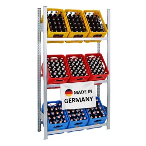 PROREGAL Getränkekistenregal Chiemsee, verzinkt, für 9 Kisten auf 3 Ebenen in Gelb, Rot und Blau.