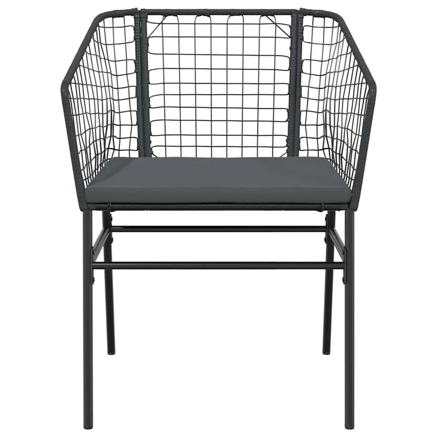Schwarzer Gartenstuhl aus Rattan mit grauem Kissen, Teil der vidaXL 9-tlg Essgruppe.