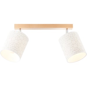 Brilliant Spot Galance: Deckenleuchte mit 2 weißen Lampenschirmen und Holzsockel.