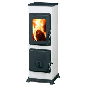 Thorma Küchenofen BOZEN AT 5 kW: Weißer Kaminofen mit Kochplatte und Feuer im Brennraum.