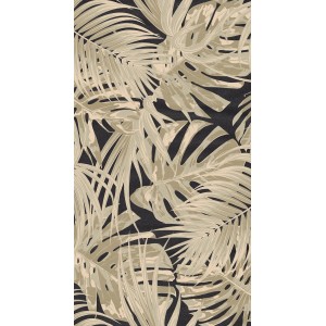 Teppichläufer Smuq Bahama, 67x120 cm, mit tropischem Blätter-Muster in Beige und Schwarz.