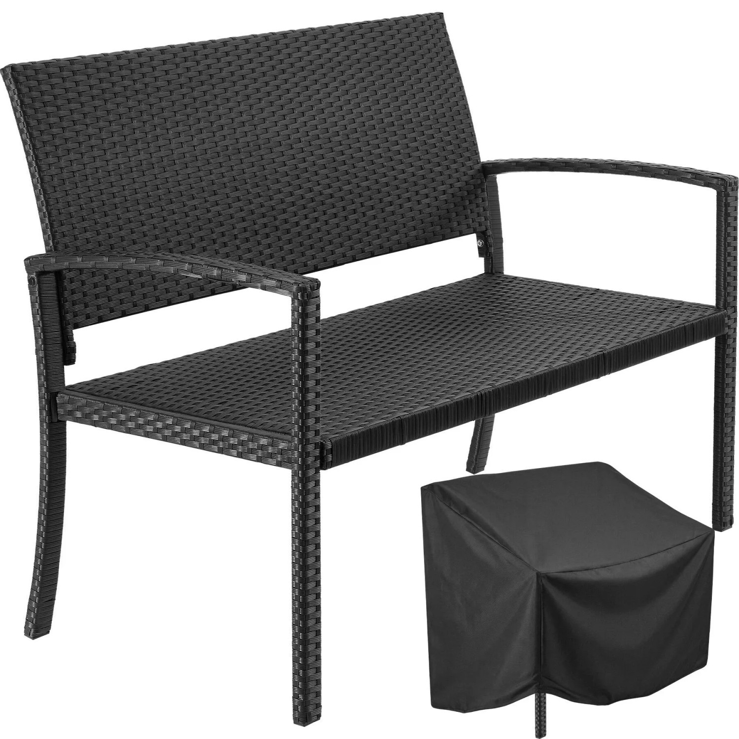 Tectake Rattan Gartenbank Murat 2 Sitzer Wetterfest  64 5 x 125 x 90 cm Schwarz