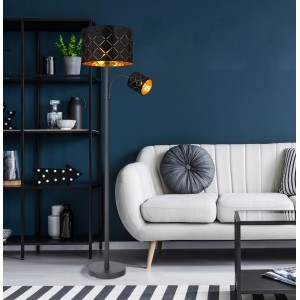 Schwarze Globo Stehlampe Sunna, 2-flammig, mit Samt-Schirmen und Dekorstanzungen, 162 cm hoch.