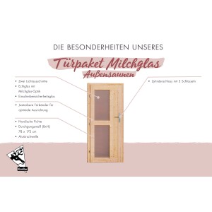Karibu Türpaket für Außensauna mit Milchglasoptik, 78x175cm, aus naturbelassenem Holz mit Schloss.