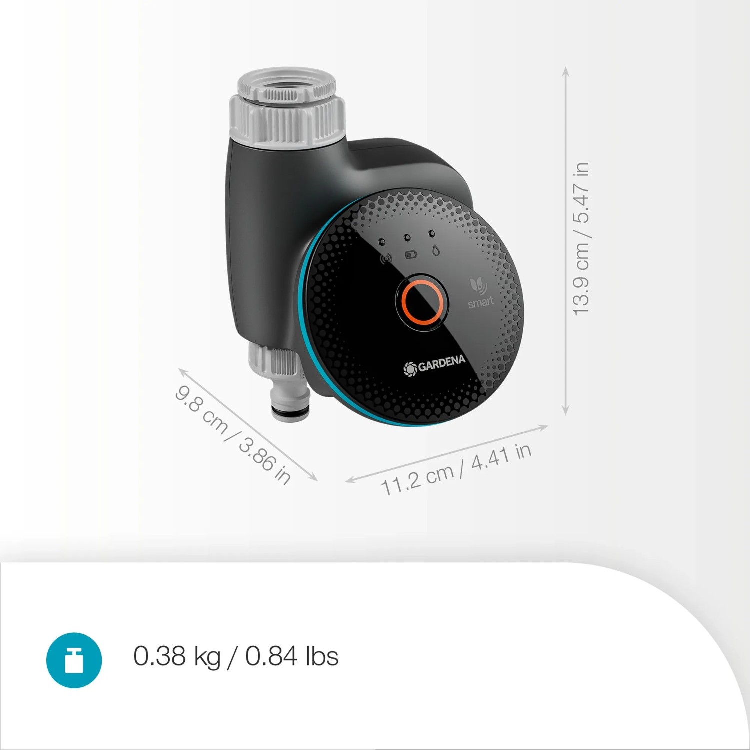 Gardena Smart Water Control Bewässerungscomputer mit Maßen und Gewicht.