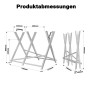 Technisches Diagramm des Xpotool Sägebocks. Ausgeklappt und zusammengeklappt mit Maßen. Verzinkter Holzsägebock mit 3 Stammhaltern.