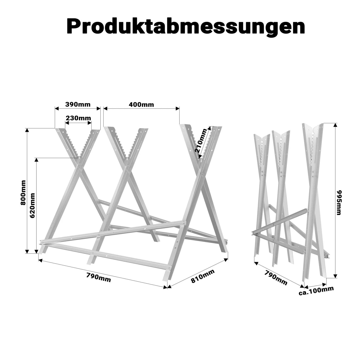 Technisches Diagramm des Xpotool Sägebocks. Ausgeklappt und zusammengeklappt mit Maßen. Verzinkter Holzsägebock mit 3 Stammhaltern.