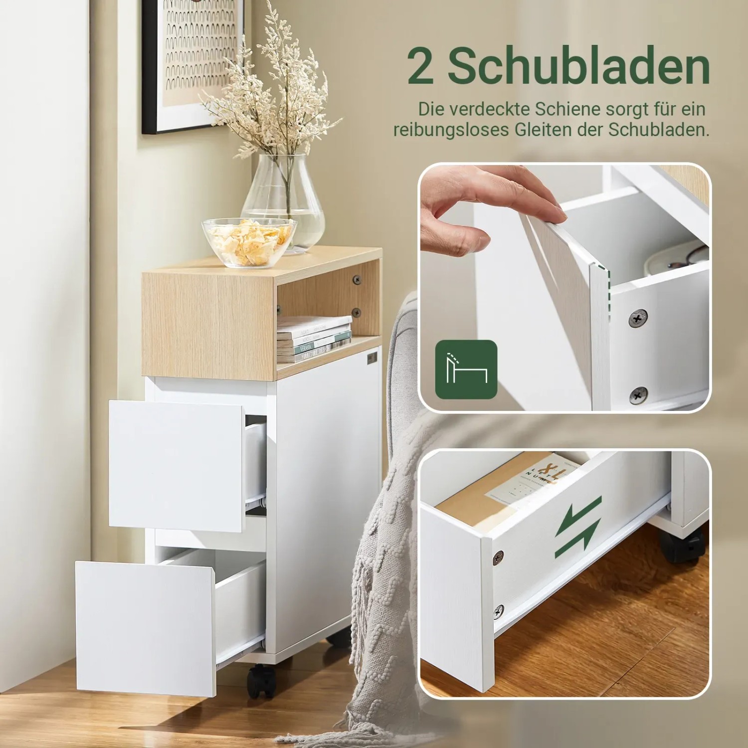 SoBuy schmaler Rollwagen Nachttisch mit 2 Schubladen FBT155-WN kaufen bei OBI
