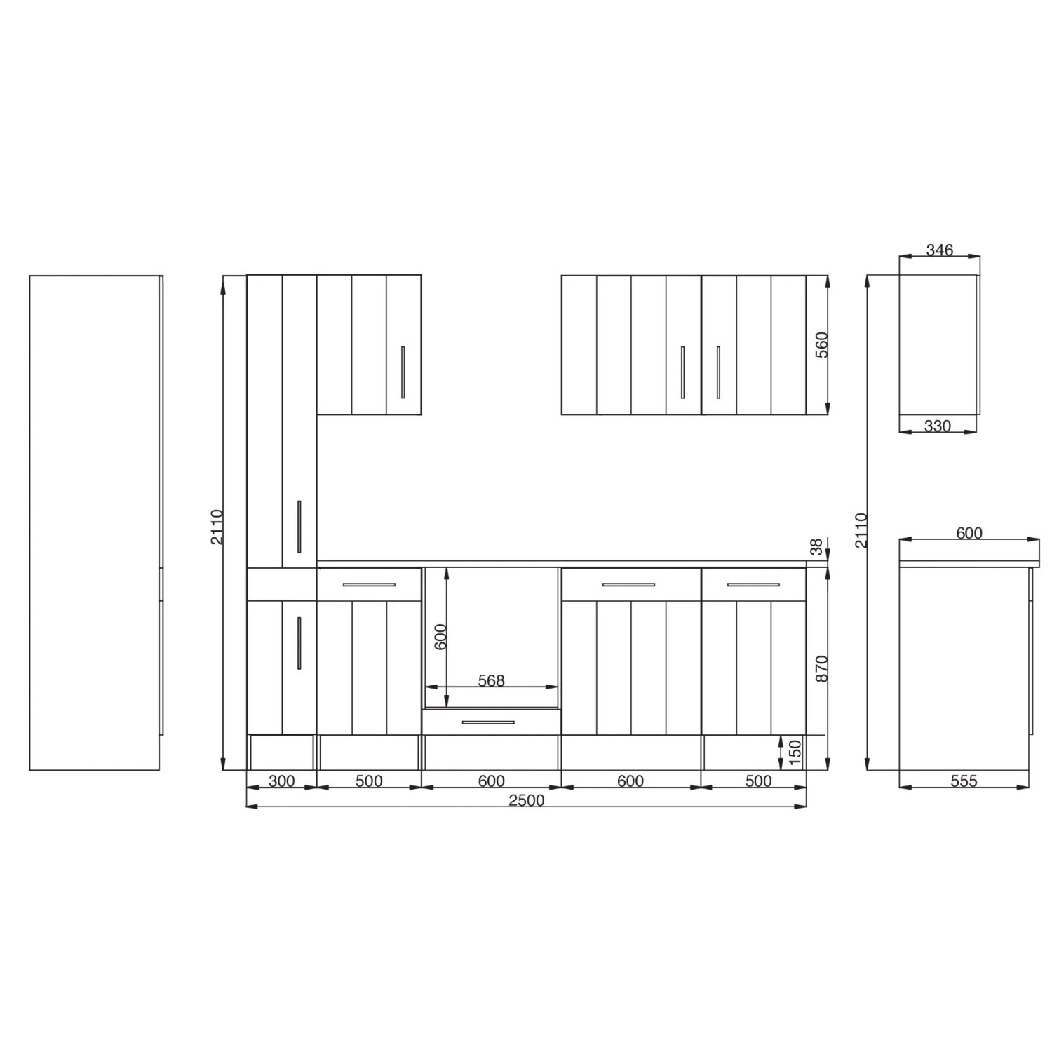 Technische Zeichnung der Respekta Premium Landhausküche 250 cm in Lärche Weiß matt, Maße und Anordnung der Elemente.