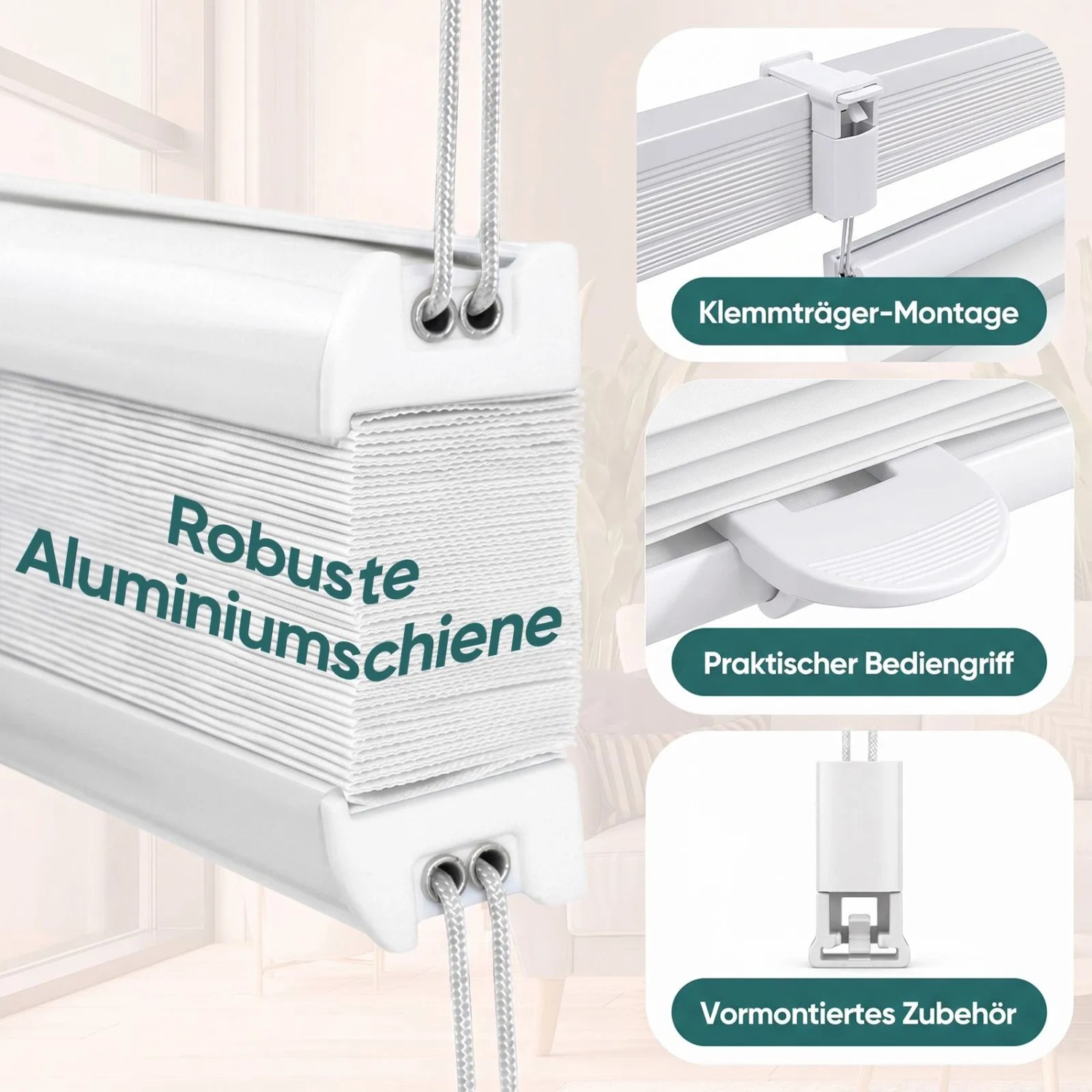 Weißes Sekey Verdunkelungsplissee mit robuster Aluminiumschiene, Klemmfix-Montage und Bediengriff. Ohne Bohren.