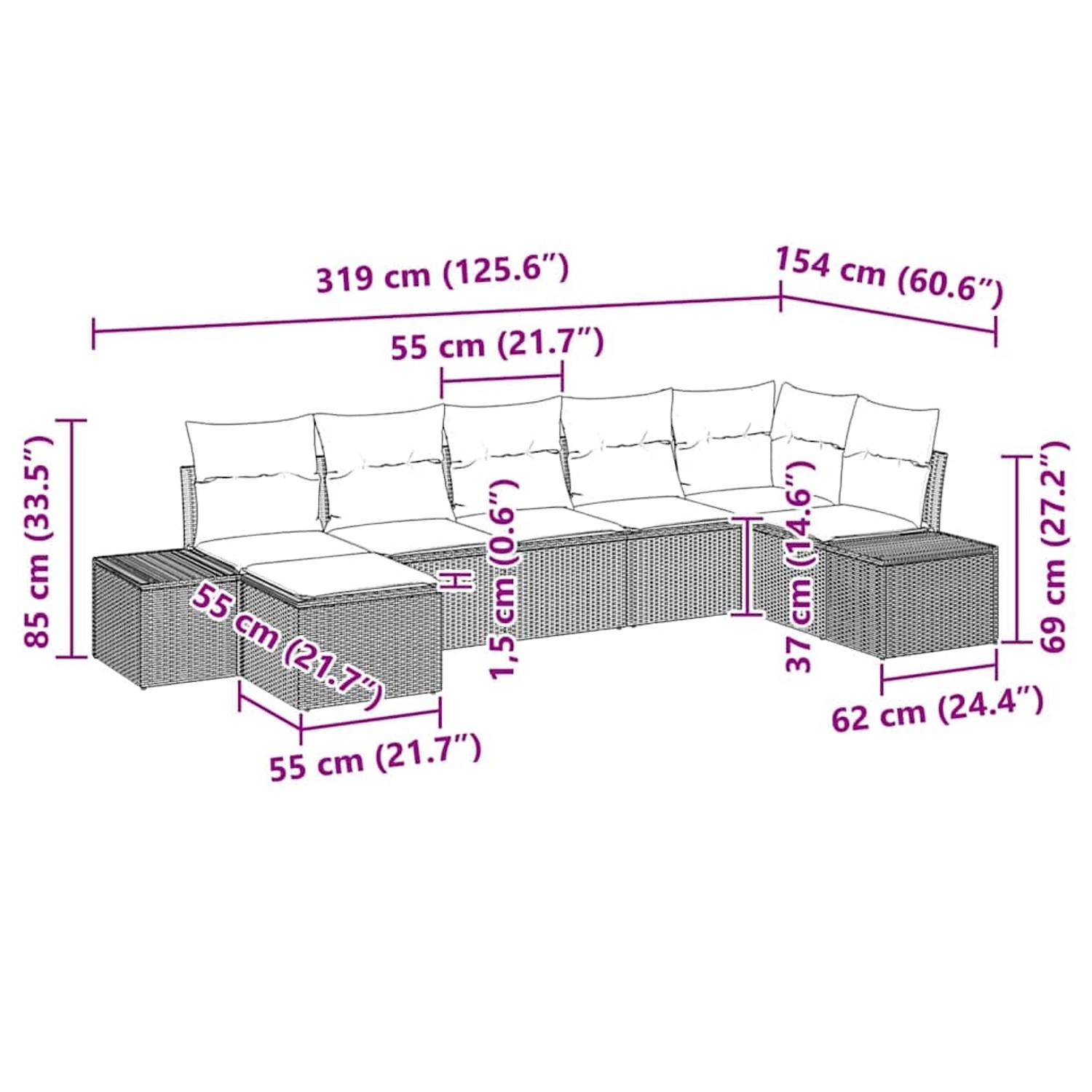 vidaXL Gartenmöbel-Set, 7-teilig, braunes Poly Rattan, mit Maßen und Details.