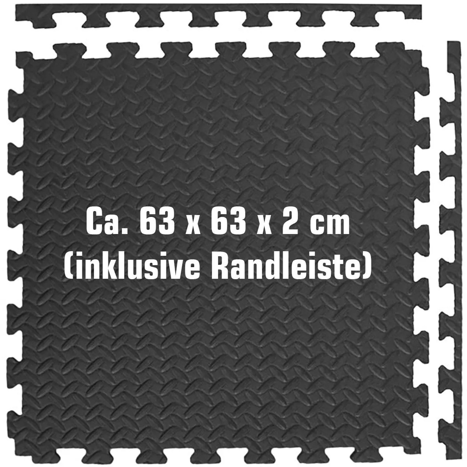 Schwarze eyepower Fitnessmatte, 63x63x2 cm, mit Anti-Rutsch-Profil und Randleiste. Bodenschutzmatte für Training.