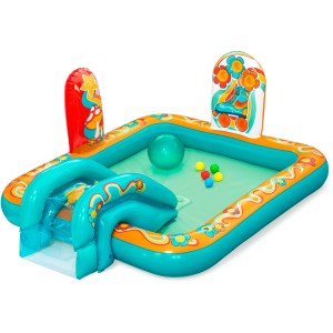 Bestway Wasserspielcenter Retro Welt mit Rutsche, Bällen und Sprinkler für Kinder ab 2 Jahren.