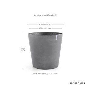 Grauer Ecopots Pflanztopf Amsterdam mit Rollen, Ø 60 cm. Ideal für Innen- und Außenbereich.