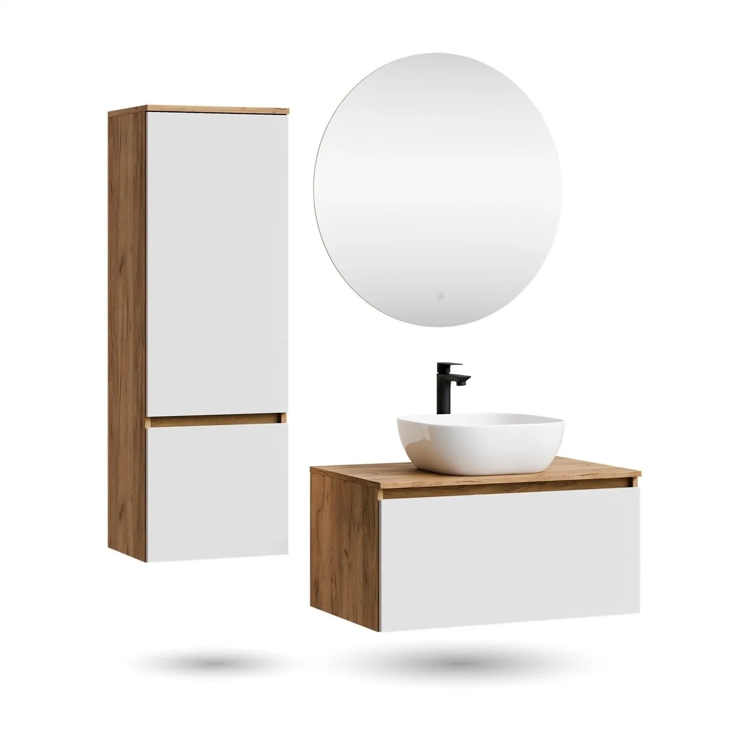 Planetmöbel ARISA Badmöbel Set 80 cm Weiß mit Hochschrank NOVA LED Spiegel und Weißem Keramik Aufsatzwaschbecken 42 cm Soft Close