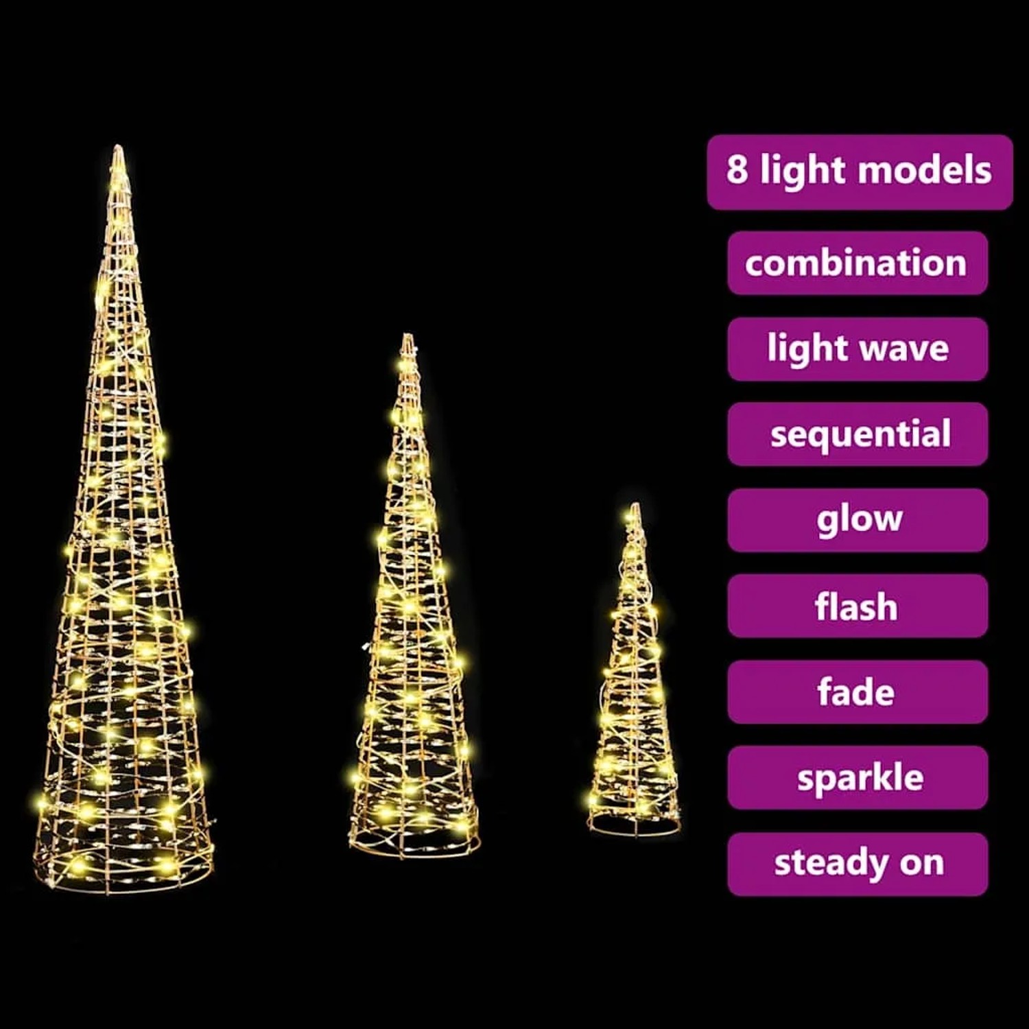 Drei konische LED-Weihnachtsbäume in Warmweiß, unterschiedliche Größen, mit Drahtgeflecht und mehreren Leuchtmodi.