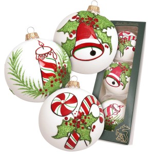Krebs Glas Lauscha Weihnachtskugeln Jingle Bells, 3er Set, 8 cm, mit Kerze, Glocke und Zuckerstange.