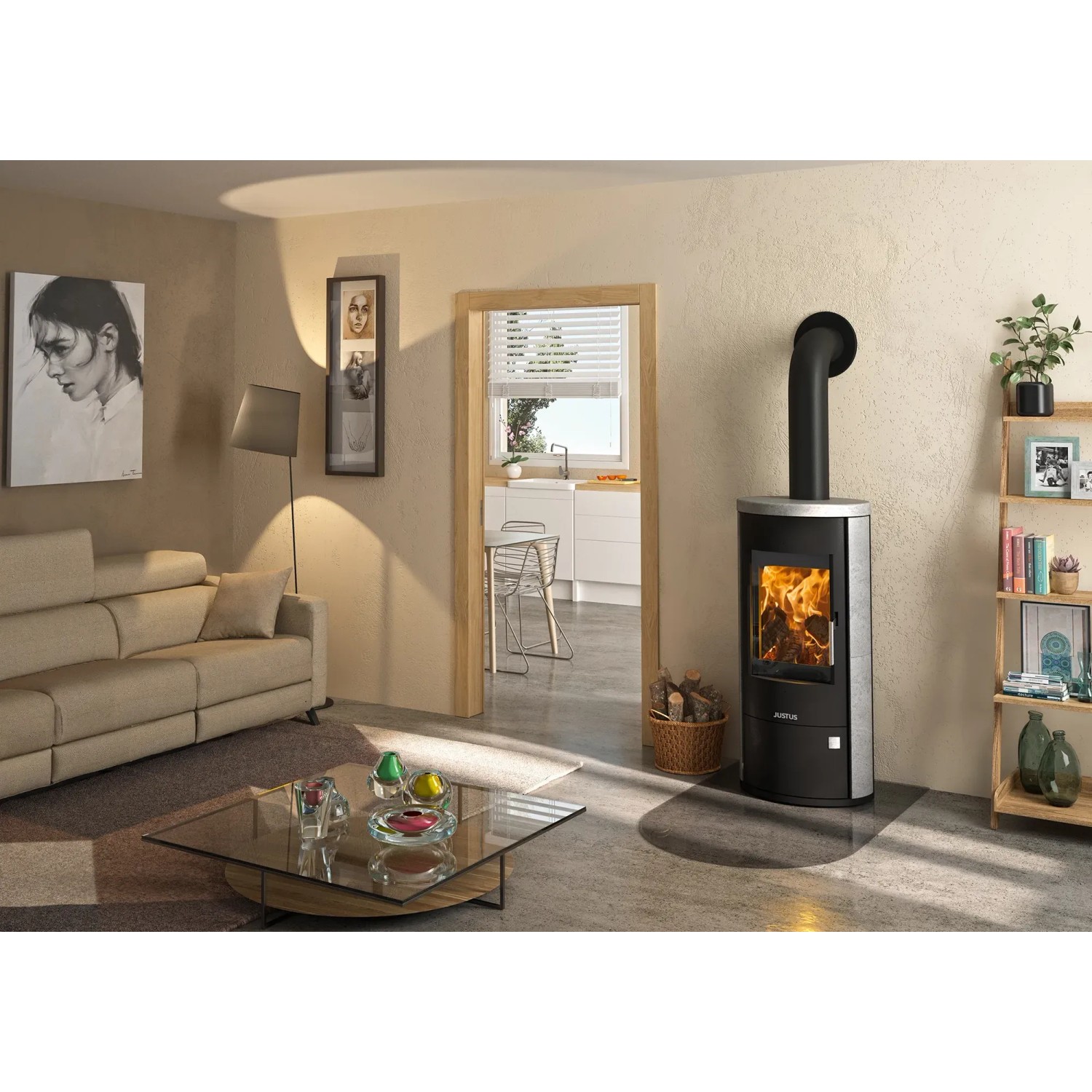Justus Kaminofen Austin 7 Schwarz mit Speckstein in Wohnraum-Szene.