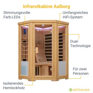 Artsauna Infrarotkabine Aalborg aus Hemlockholz mit LED-Beleuchtung für 2 Personen.