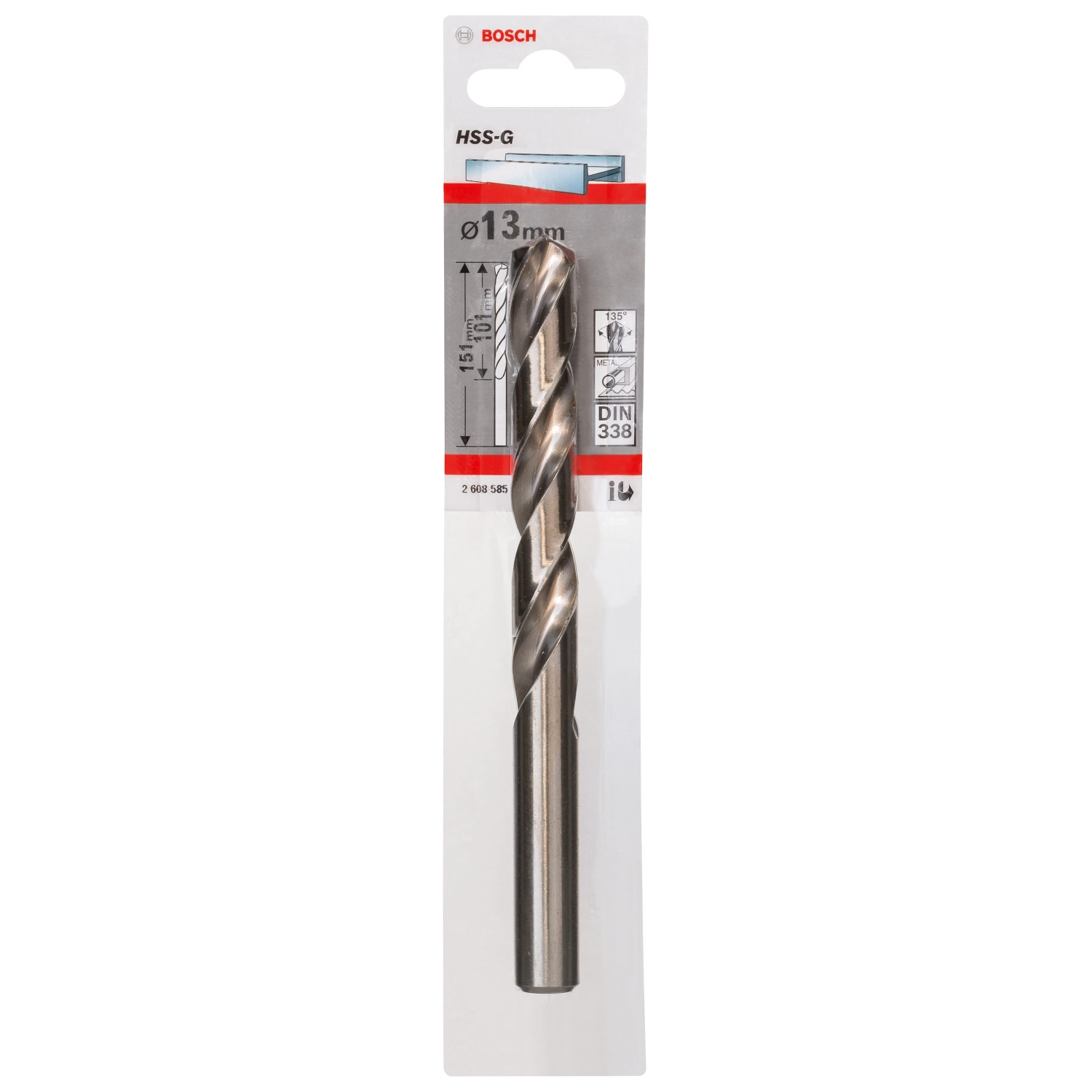 Bosch Metallbohrer HSS-G, 13 mm, in Verpackung. Spiralbohrer für präzise Bohrlöcher in Metall.
