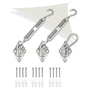 Edelstahl Schwerlast Befestigungsset für dreieckige Sonnensegel mit Spannschrauben, Karabinerhaken, Wandhaken, Schrauben, Dübel.