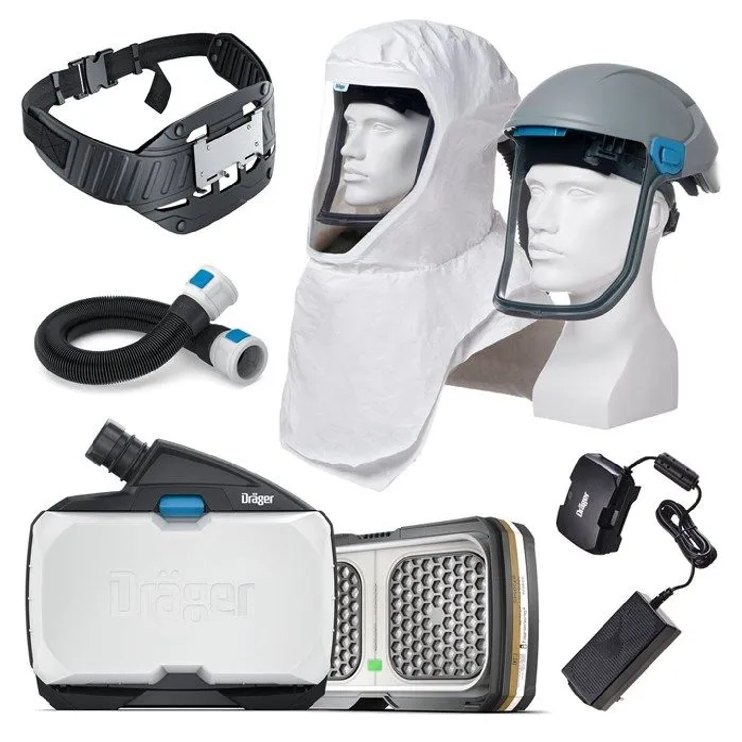Dräger X-plore 8000 Atemschutzset für Lackierarbeiten: weißes Gebläse, Haube, Helm, Schlauch, Gürtel, Ladegerät.