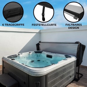 Schwarze Monstershop Whirlpool Abdeckung 2.2m mit Tragegriffen, Gurten und faltbarem Design.
