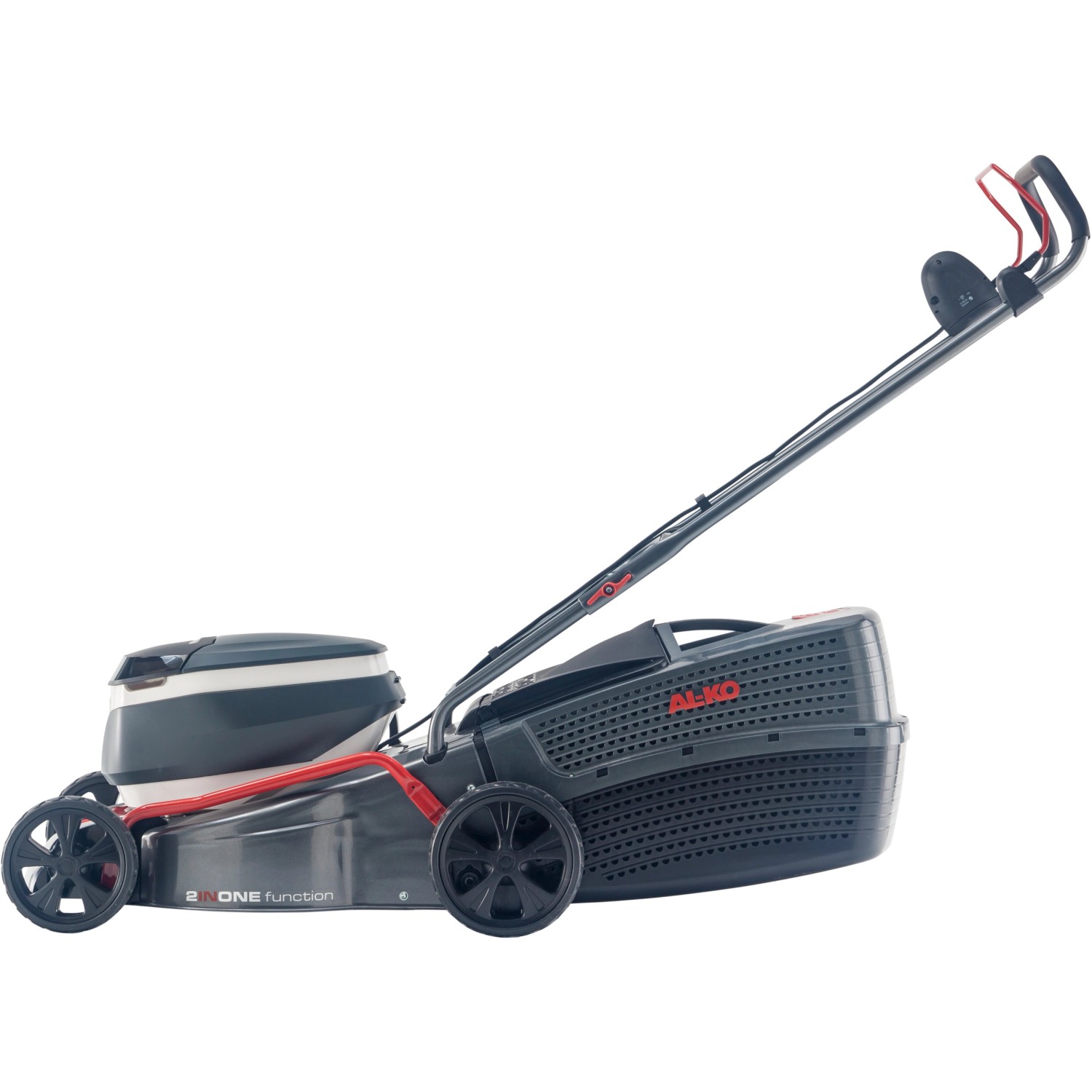 Al-Ko Akku-Rasenmäher 42.2 Li Comfort mit Akku und Ladegerät, seitliche Ansicht.