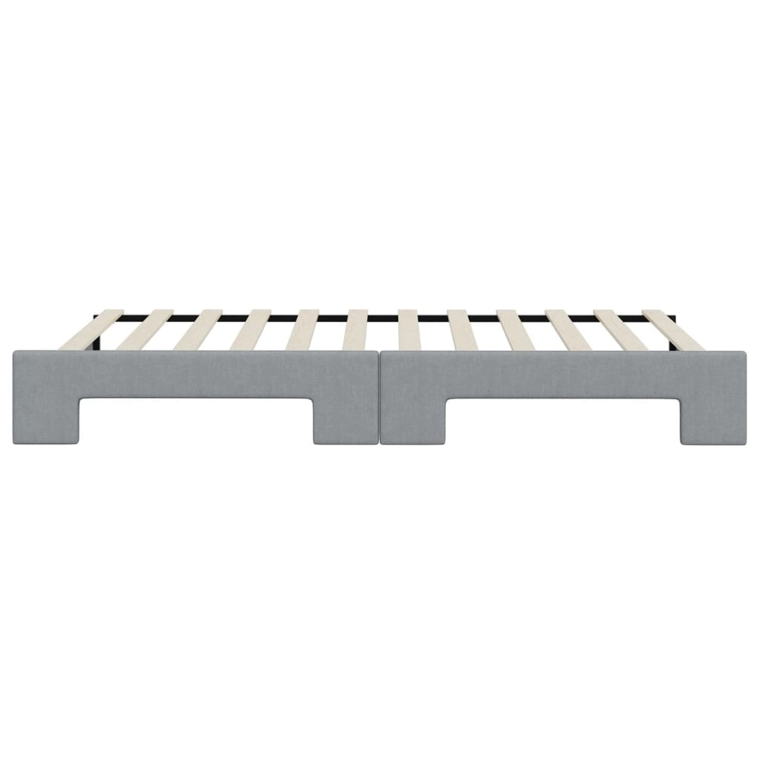 Ausziehbares Tagesbett in Hellgrau, Stoffbezug, Lattenrost sichtbar. Ideal als Gästebett.