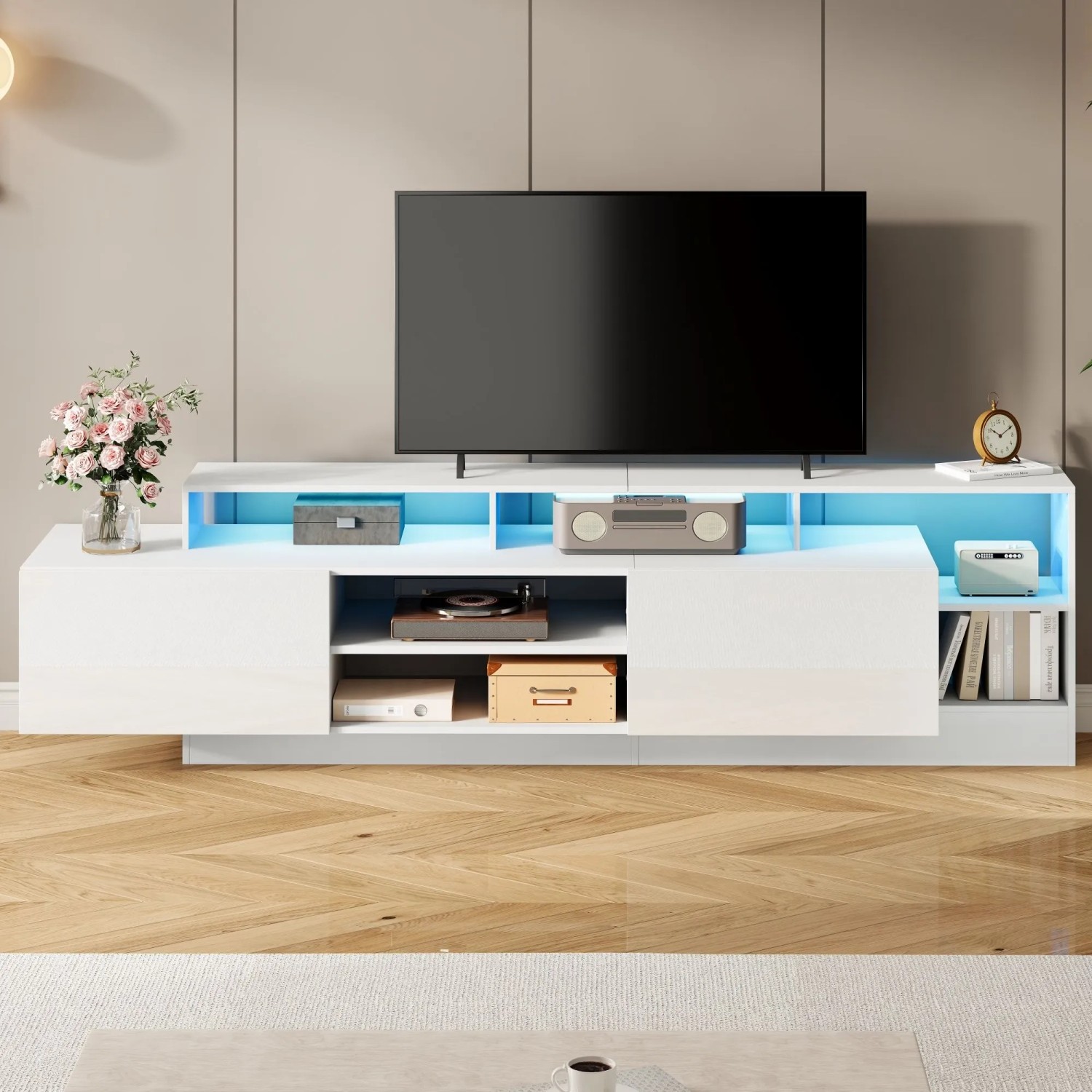 Merax TV Lowboard 190x40x48 cm LED Hochglanz Offene Fächer Für 70 Zoll TV